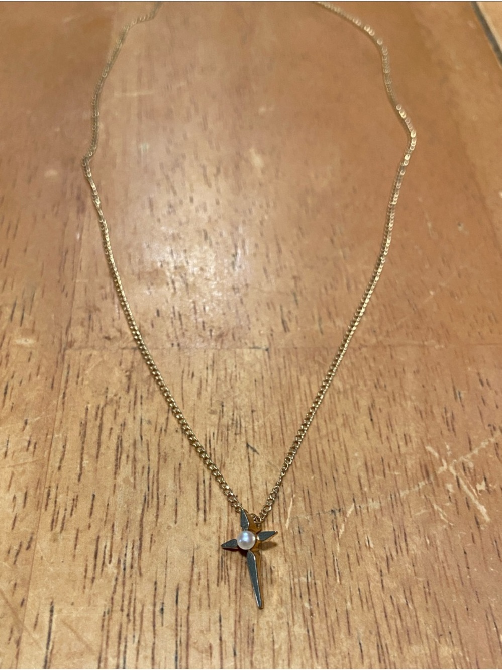 GENUINE 14 kt Gold FILLED GF Pendant Cross Necklace with Pearl Delicate Minimal